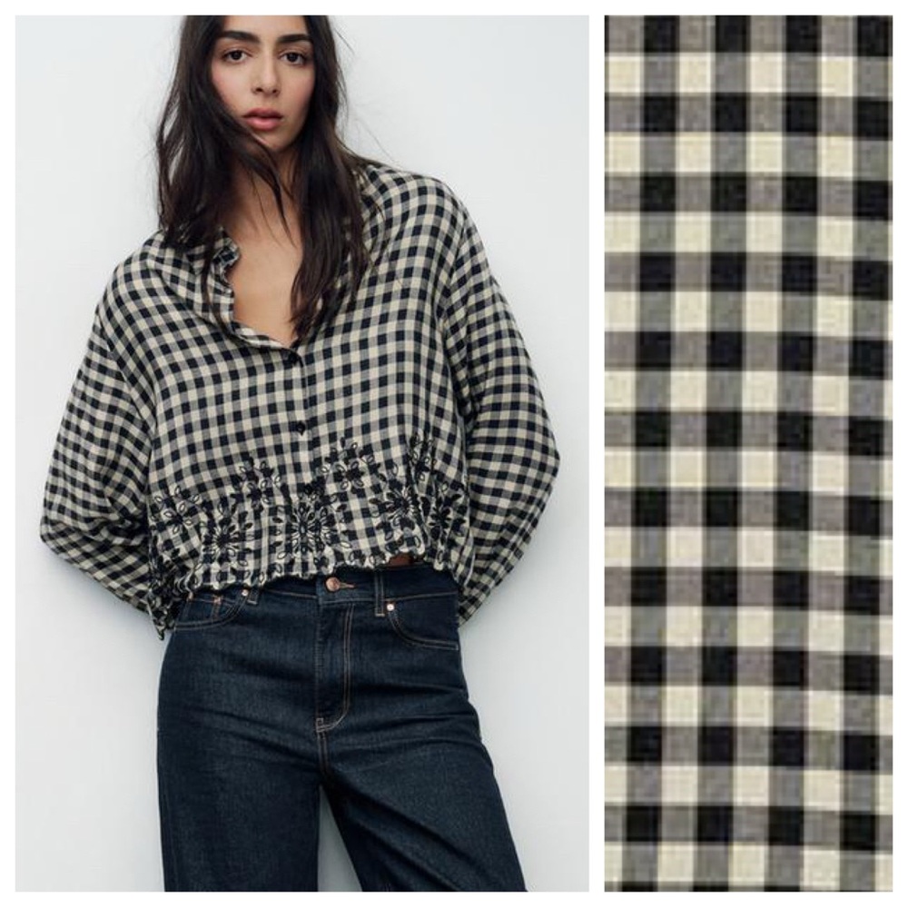 NWT. Zara Ecru/Black Viscose Blend Embroidered Gingham Shirt. Size L.